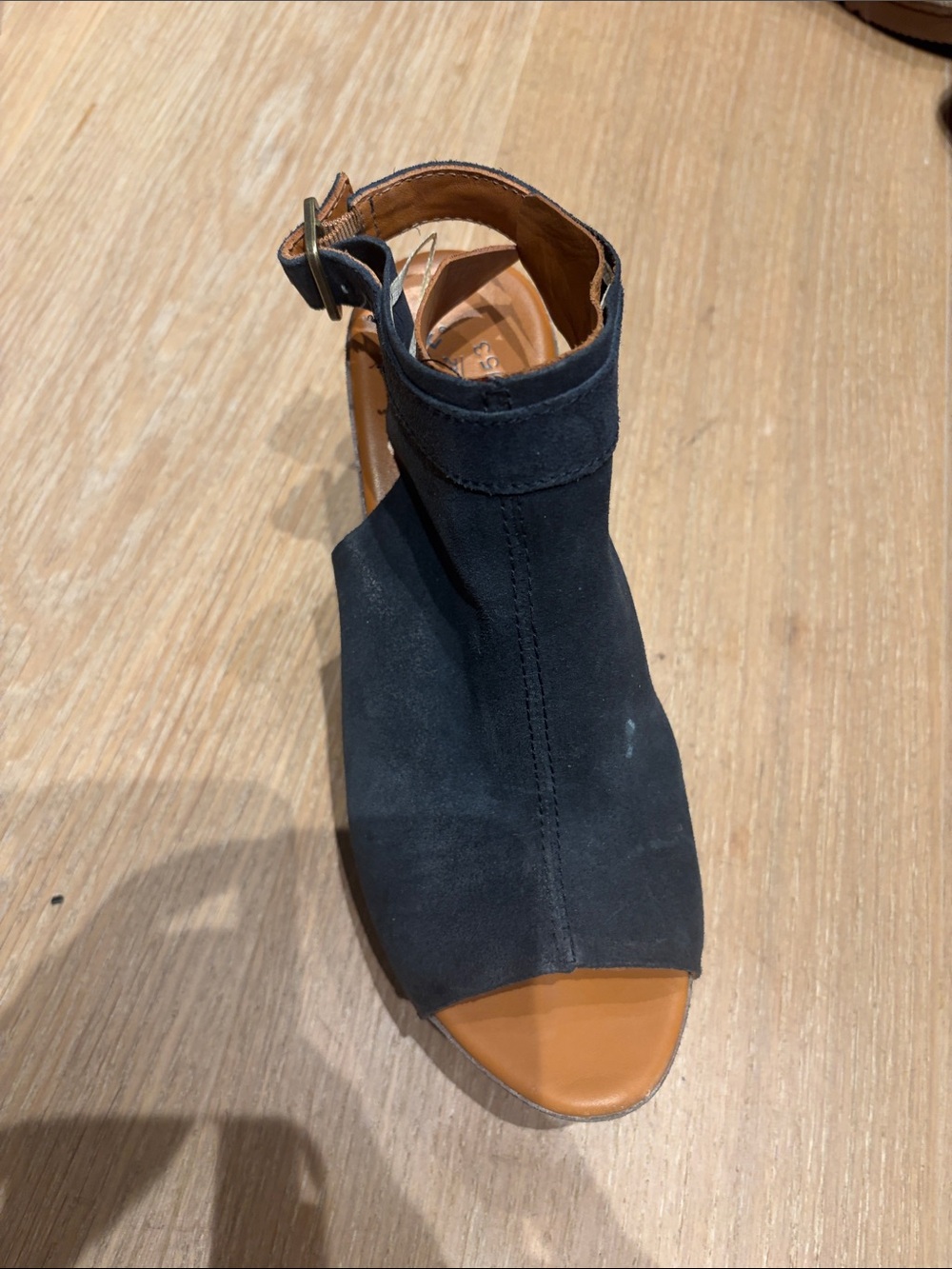 Kork-Ease Women's Navy Suede Buckle Slide with cushioned tan foot